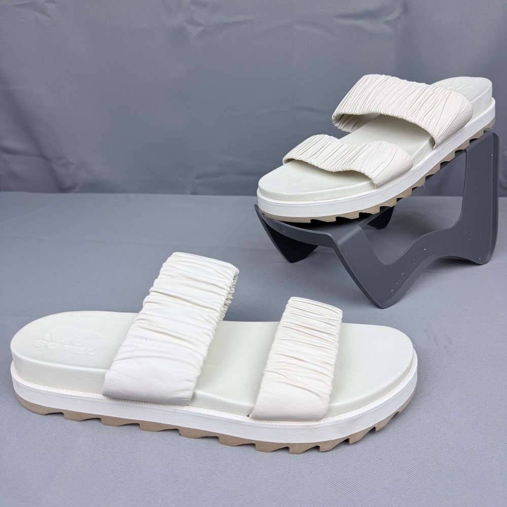 Sorel Roaming Ruched Slide Sandals Sea Salt White Leather NL4713-191 Womens 11